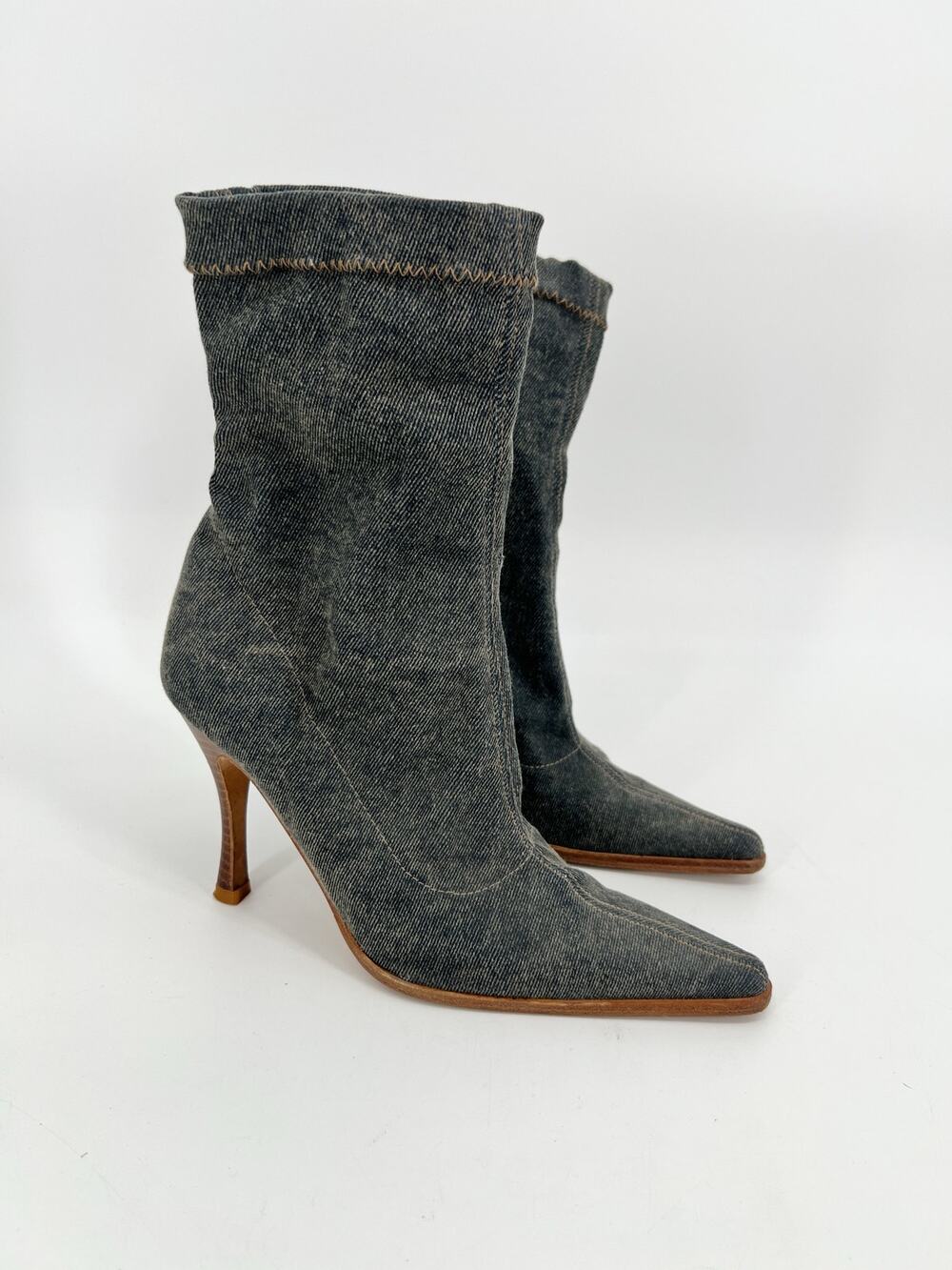 Vintage Bebe Mid Calf Stiletto Boots Womens 6M Gray Stretch Denim Pointed Toe